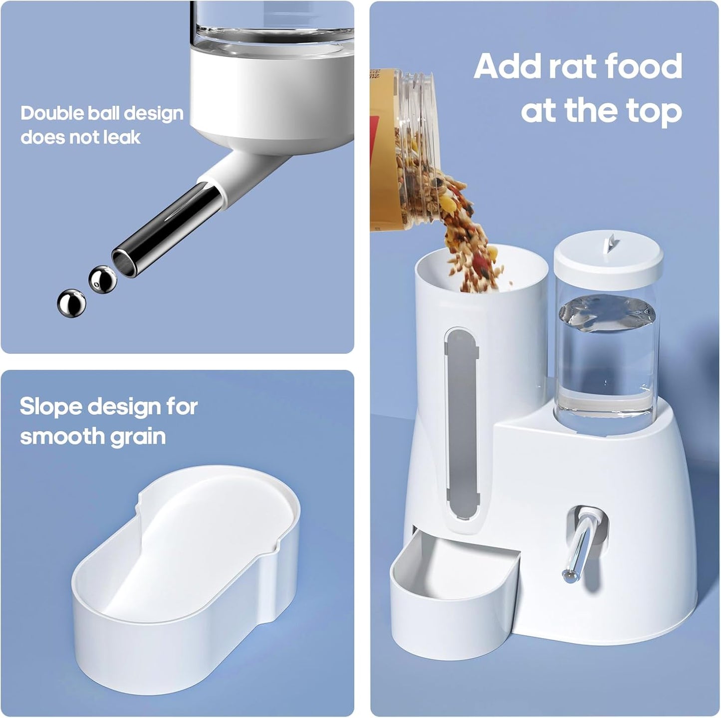 2 in 1 Hamster Water Bottle - Automatic Food Bowl, No Drip Small Animal Water Bottle Dispenser, for Syrian Dwarf Hamsters, Gerbils, Mouse, Hedgehog, Hamster Cage Accessories (Pink, Large)