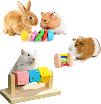 3 Pcs Wooden Hamster Toys - Safe Eco-Friendly Rabbit Toys, Bite-Resistant Guinea Pigs Toys for Chinchillas Hamsters Small Animals Playing Teeth Grinding Indoor