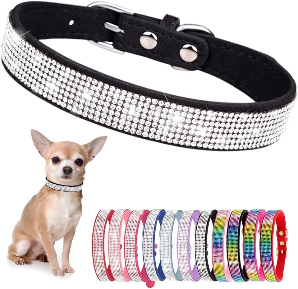 Serijoars Small Dog Collar with Rhinestone Crystal Diamond Colorful Bling Girl Puppy Cat Collars (M, Black)