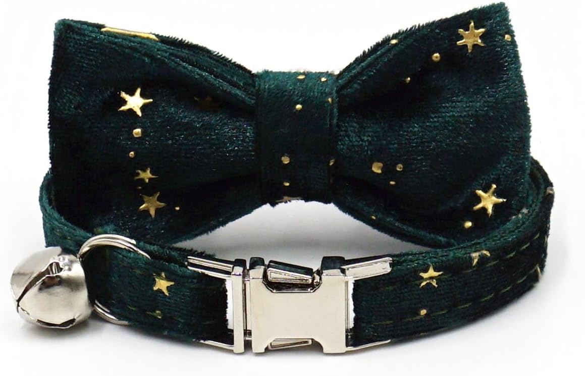 Personalized Cat Collar with Bells,Velvet Customized Small Cat Collar with Name Tag,Pet Collar with Name Phone Number Engraved ID Tags for Boy and Girl Kitten Cats (Green Star)