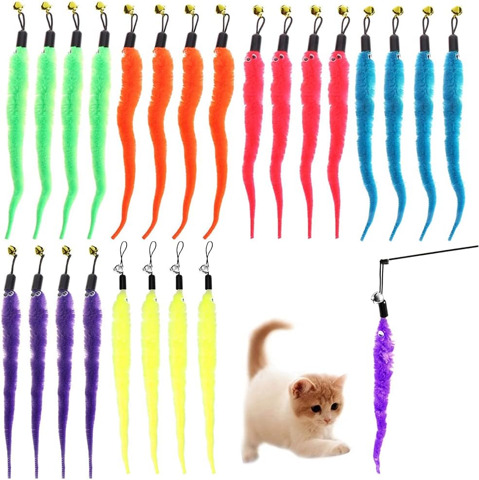 24 PCS Cat Worm Toy Replacement Teaser with Bell Refills Indoor Cat's Interactive Wand and Catch Wand Soft Squiggly Worm Teaser Refills Attachment Interactive Catch Toy Accessories （6 Color）