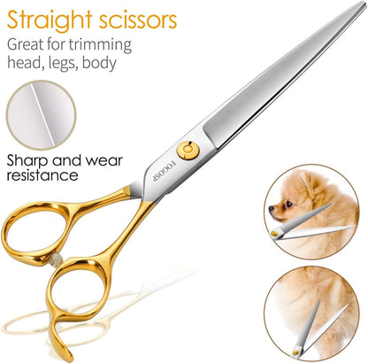Dog Grooming Scissors Kit 4pcs 7 inch Professional Dog Grooming Shears Set Curved Thinning Straight Chunkers for Dogs Cat Pets (7 in Kit, Gold)