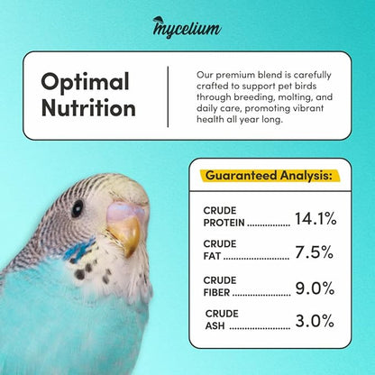 Mycelium Pet Bird Superfood | Organic, Non-GMO Bird Food for Cockatiels, Parakeets, Conures, and Lovebirds | High-Nutrition Blend with Vitamins, Whole Eggs, Safflower, and Whole Hemp Seed, 5 lbs