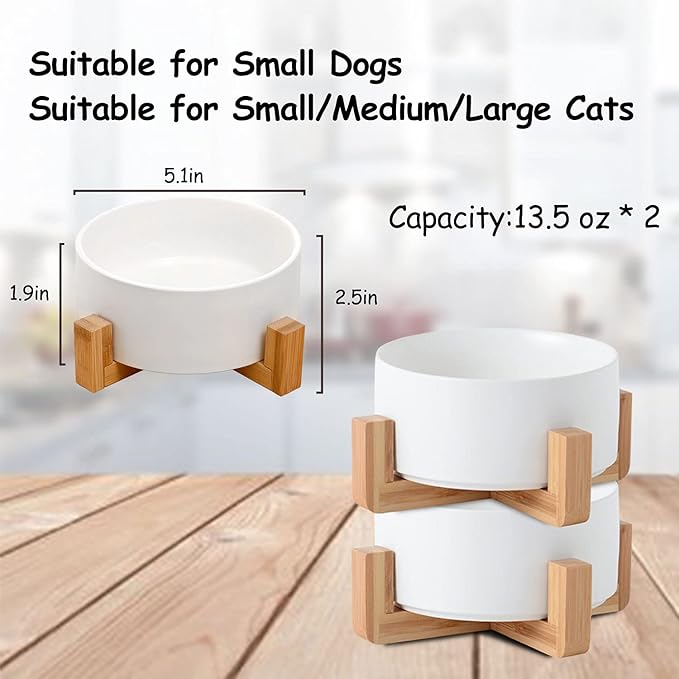 Petygooing White Ceramic Cat Dog Bowl Set with Stand,Small Dog Bowls,Pet Food and Water Dish, Anti Slip Set of 2 Cat Bowls Pet Food Bowl- Pet Dish Small Size Pet (13.5OZ/5.1 in)
