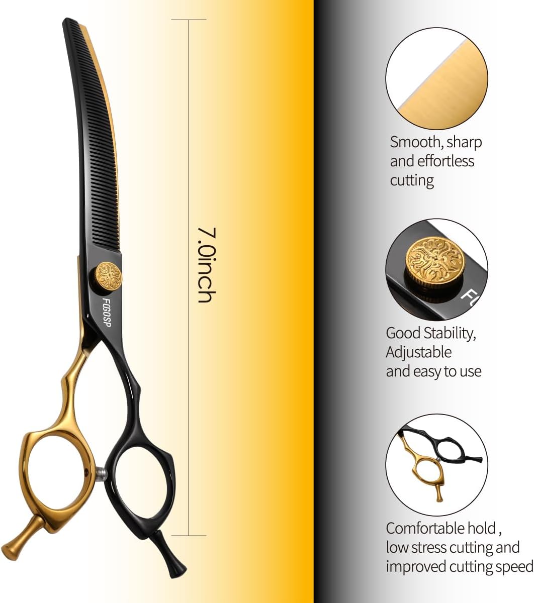 Curved Thinning Shears Dog Grooming 7.5 in Black & Gold Two Color Multipurpose Professional Dog Grooming Scissors for Large Pet 66 Teeth Japan 440C