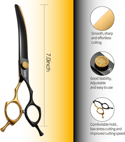 Curved Thinning Shears Dog Grooming 7.5 in Black & Gold Two Color Multipurpose Professional Dog Grooming Scissors for Large Pet 66 Teeth Japan 440C