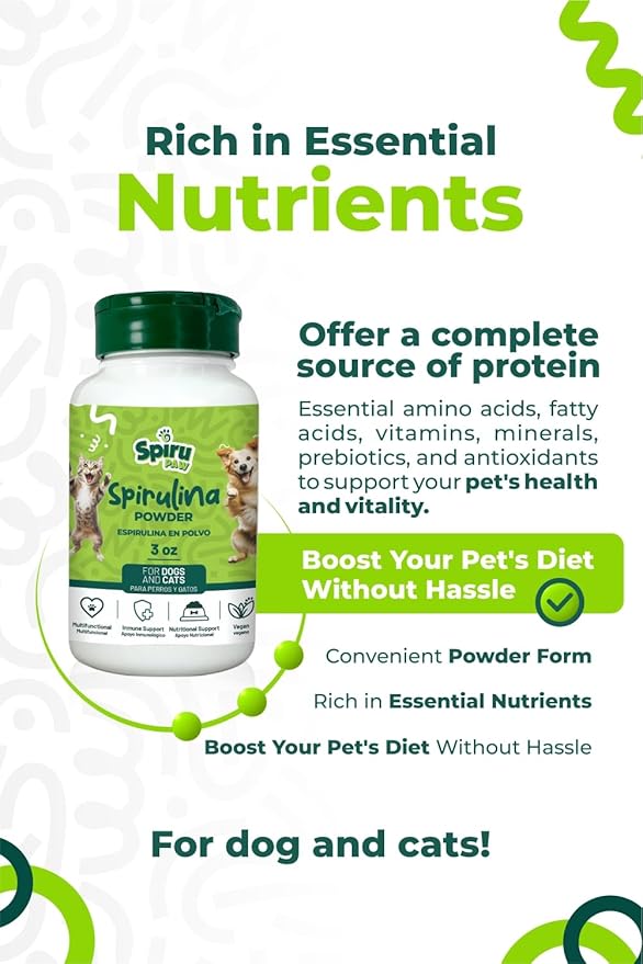 Spirulina-Based Powder for Pets Produced in The Atacama Dessert - Natural Supplement Nutrient-Rich, Essential Amino Acids & Prebiotics - 3 oz