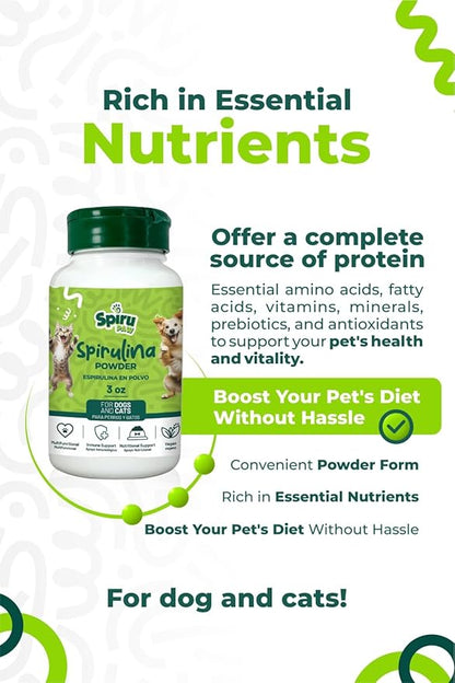 Spirulina-Based Powder for Pets Produced in The Atacama Dessert - Natural Supplement Nutrient-Rich, Essential Amino Acids & Prebiotics - 3 oz