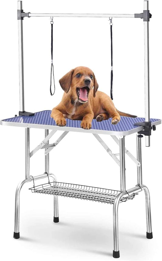 46" Dog Grooming Table Foldable Pet Grooming Tables with Adjustable Arm Noose Storage Mesh Tray Maximum Capacity Up to 330lbs Blue