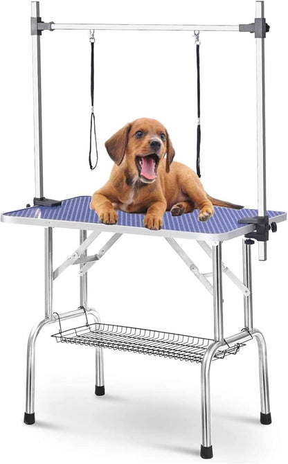 42" Dog Grooming Table Foldable Pet Grooming Tables with Adjustable Arm Noose Storage Mesh Tray Maximum Capacity Up to 330lbs Blue