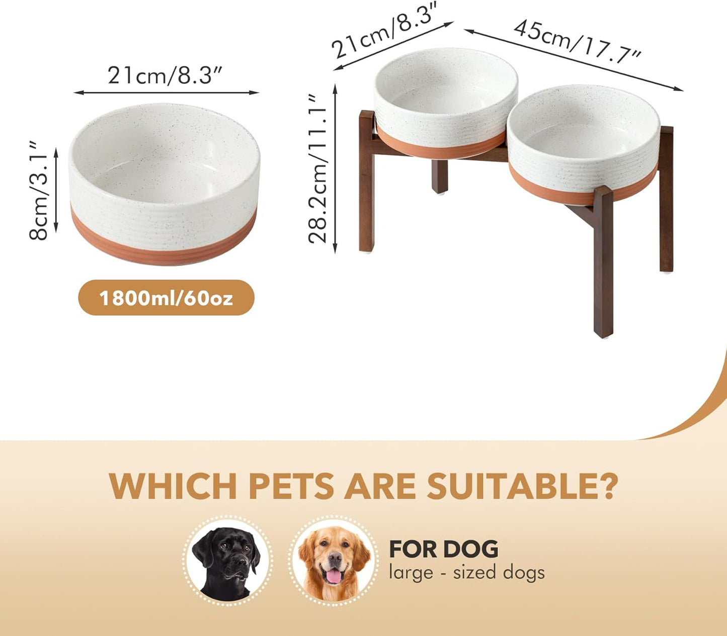 Ceramic 8.2inch Raised Double Dog Bowls Set with Acacia Wood Stand, Food & Water Bowls for Large Breed Dogs, Weighted Pet Dishes(60oz, Vanilla White)