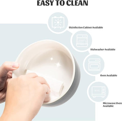 SPUNKYJUNKY 15° Slanted Ceramic Dog and Cat Bowl with Wooden Stand, Tilted Bulldog Food and Water Bowl No Slip Non-Spill for Cats Medium Dogs Big Face Pets 28.7 OZ (3.6 Cups, White-Grey)