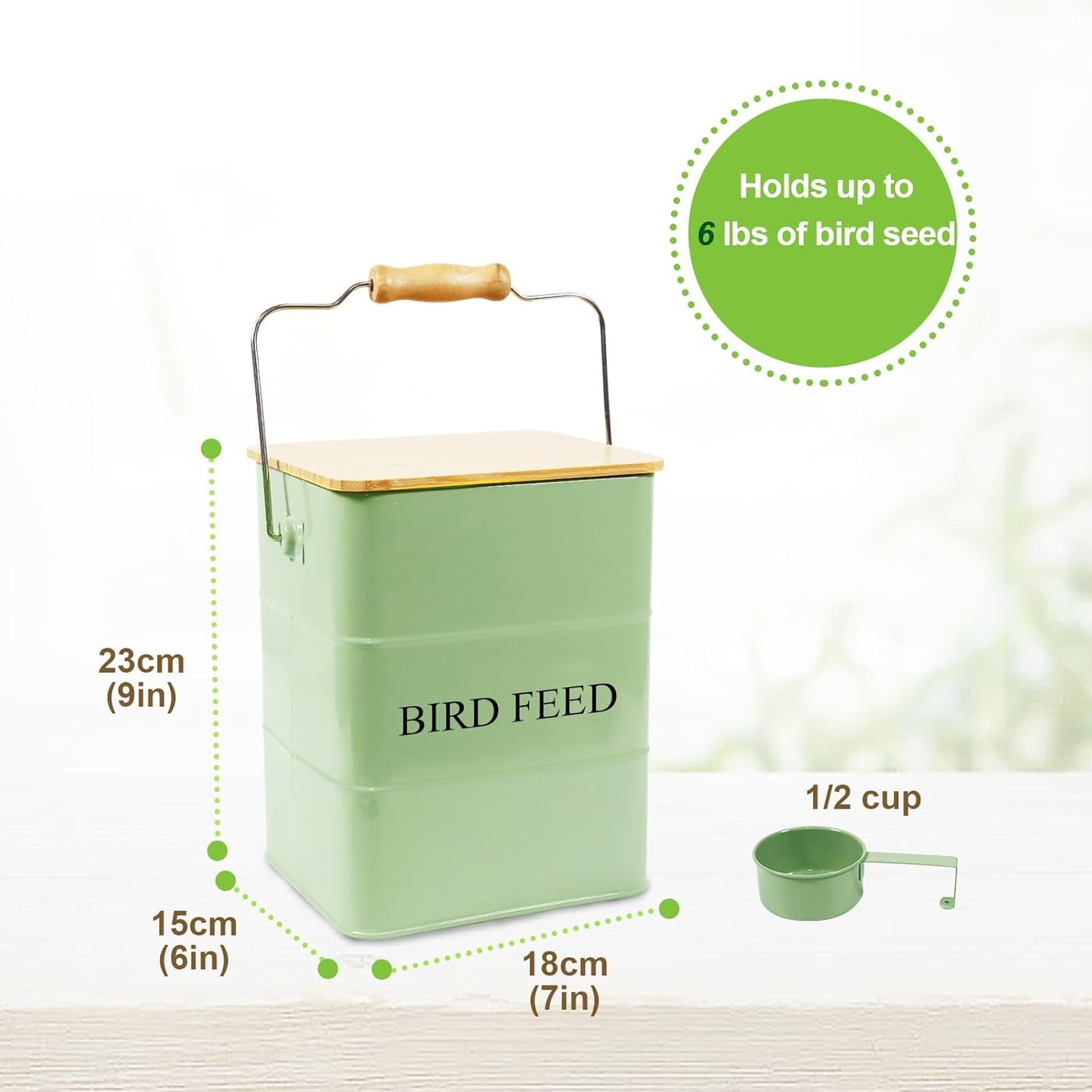 Metal Bird Seeds storage container,Outdoor Bird Food Container Canister, Pet Food Bin with Wooden Lid/Handle/Food scoop,hold 5-6 Lbs of Wild Bird Seed Sunflower Seed-Preventing Squirrels-Green