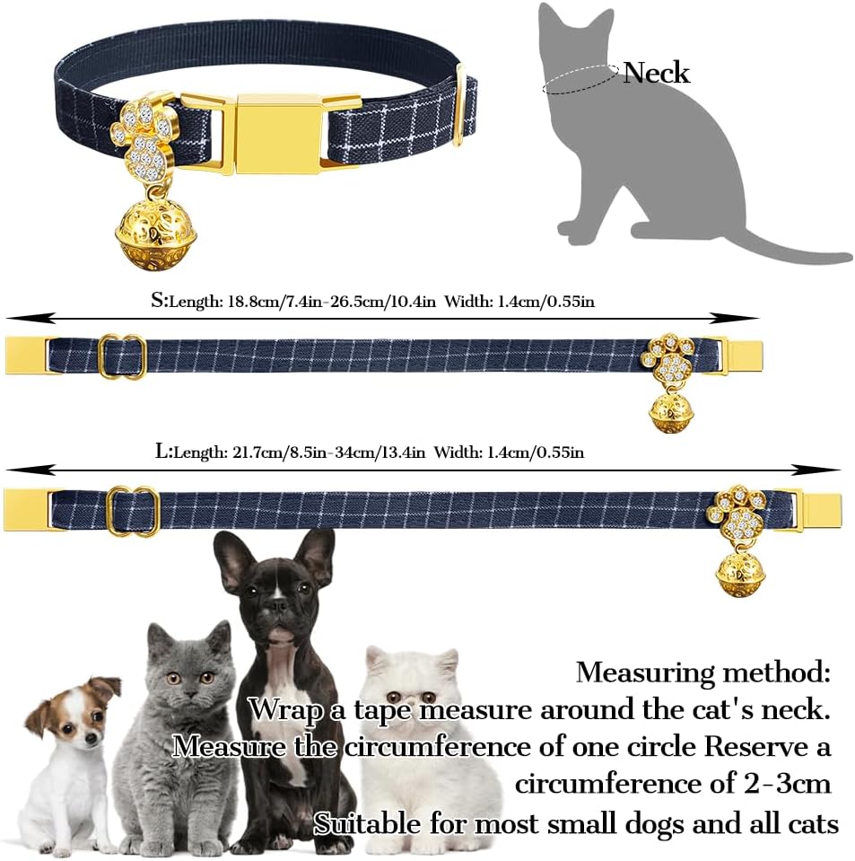 Personalized Breakaway Cat Collars - Magnetic Buckle, Bell - Safety Quick Release, Customized for Girls & Boys Cats- (Checkered-Navy)
