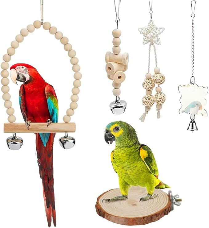 9-Piece Parrots Chewing Toy Set - Natural Wood & Rope Bungee Toys for Anchovies, Coconut Hideaway with Ladder, Bird Perch Stand, Cage Accessories for Parakeets, Cockatiel, Conure, Mynah, Macaw