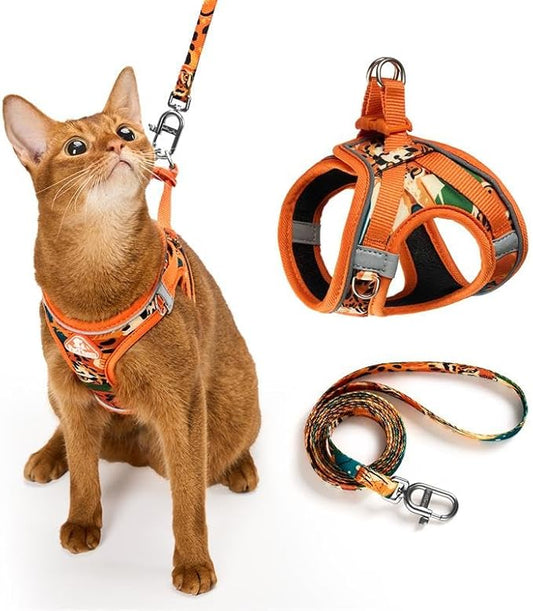 Cat Harness and Leash Set, Step-in Escape Proof Adjustable Vest Harness for Small Medium Large Cats, Lightweight Soft Breathable Reflective Kitten Harness, Easy to Wear for Walking Travel, Camping, M