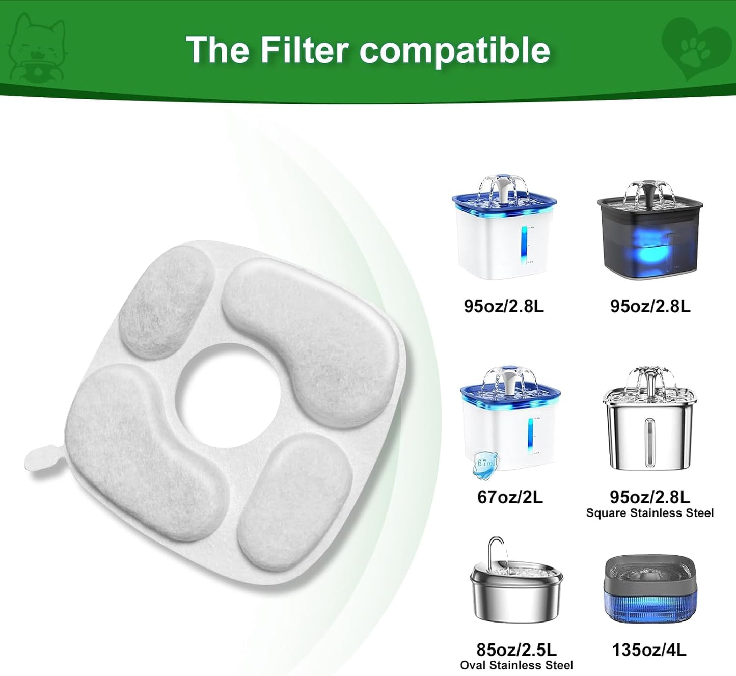 24 Pcs Cat Water Fountain Filter,12 Pack Filters & 12 Pack Pre-Filter Sponges, Compatible with 95oz/2.8L Pet Fountain