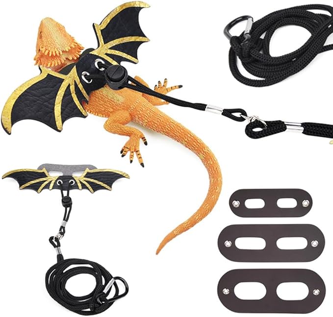 CoguZed Bearded Dragon Leash and Harness Set, Adjustable Lizard Harness, Soft Leather Reptile Costume, Cool Dragon Wing Outfits for Bearded Dragon Lizards(S,M,L, 3 Pack)
