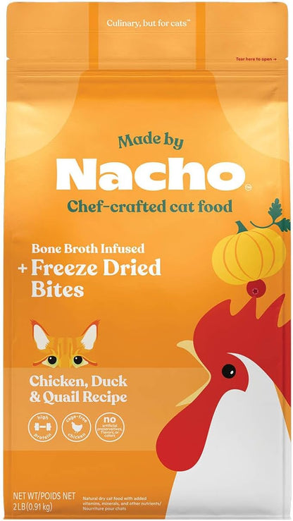 Made by Nacho Dry Cat Kibble 2lb Bag, High Protein Premium Cat Food with Freeze-Dried Pieces, Cage-Free Chicken, Duck & Quail, Limited Ingredients, Single Bag