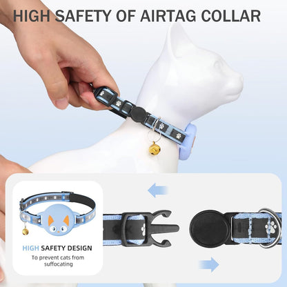 Airtag Cat Collar Breakaway, Reflective Kitten Collar with Apple Air Tag Holder and Bell for Girl Boy Cats, Lightweight Cat Collars for Apple AirTag, Hidden GPS Tracker Holder for Cats, Blue (9-13")