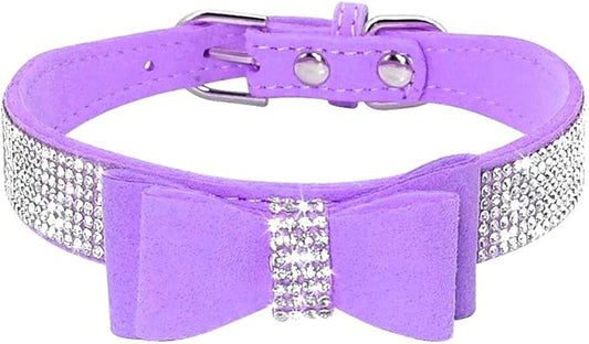 Rhinestone Dog Collar, Cute Dazzling Sparkling Soft Suede Leather Adjustable Pet Dog Cat Collar Crystal Diamond for Puppy Small Medium Large Dogs (S:26-32cm, Purple-1)