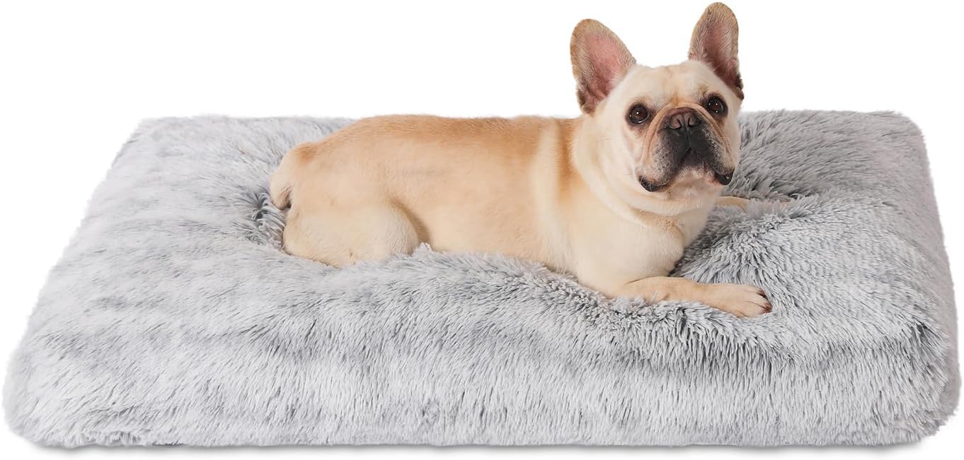 Bedfolks Plush Waterproof Dog Crate Bed, Removable Washable Cover, Faux Fur Kennel Pad, 29"x21", Grey
