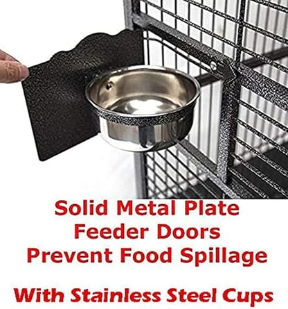 64" Extra Large Corner Bird Flight Breeding Wrought Iron Rolling Parrot Cage Side Solid Metal Plate Feed Doors Pull Out Removable Grate and Tray with Around Metal Seed Guard