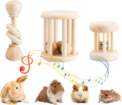 KABASI 3 PCS Wooden Bunny Toys, Safe Rabbit Guinea Pigs Bite-Resistant Natural Wooden Chew Teeth Grinding Toys for Chinchillas Hamsters Small Animals Rat Playing Indoor Outdoor