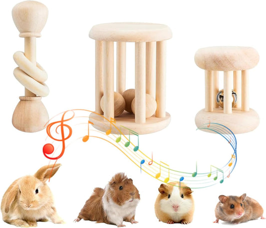 KABASI 3 PCS Wooden Bunny Toys, Safe Rabbit Guinea Pigs Bite-Resistant Natural Wooden Chew Teeth Grinding Toys for Chinchillas Hamsters Small Animals Rat Playing Indoor Outdoor