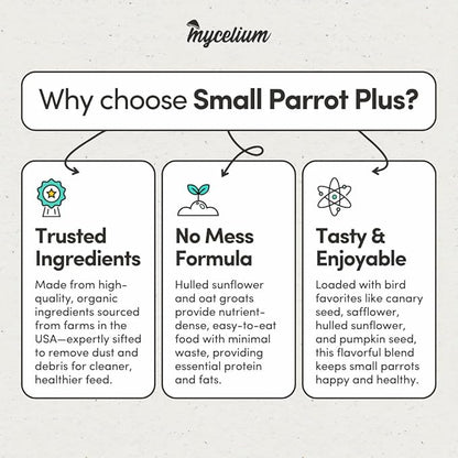 Mycelium Organic Small Parrot Plus Bird Seed (5 LBS) | Premium Food for Small Pet Birds | High-Protein, Vitamin-Fortified Daily Nutrition | Supports Brain & Heart Health | USA Made, Non-GMO