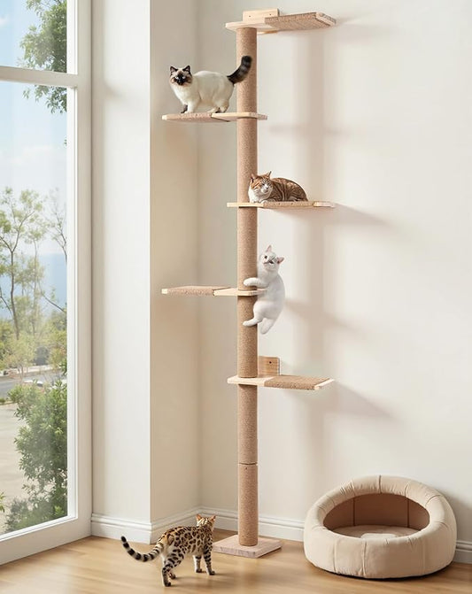 PawGiant Tall Cat Tree for Wall 83.9inch, Wood Cat Wall Shelves for Kittens, Wall-Mounted Cat Tower with Scratching Post for Play, Climb & Scratching, 5 Tier Platforms