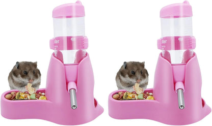 Wontee 3 in 1 Hamster Water Bottle Small Pet Automatic Water Dispenser with Food Container Base Hideout for Dwarf Hamster Mice Gerbils, 2 Pack (Pink, 80ML)