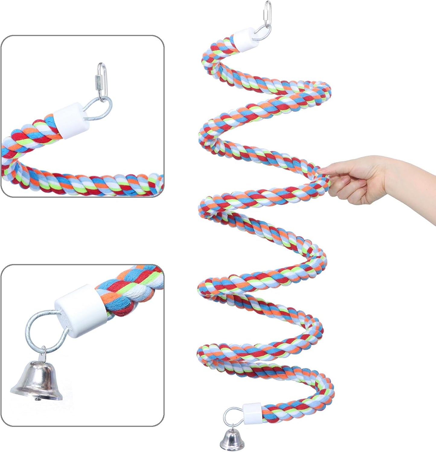 Rope Bungee Perch Bird,118inch Kintor Pure Natural Colorful Bead Cage Chewing Toys for Small Medium Parrot (118inch)