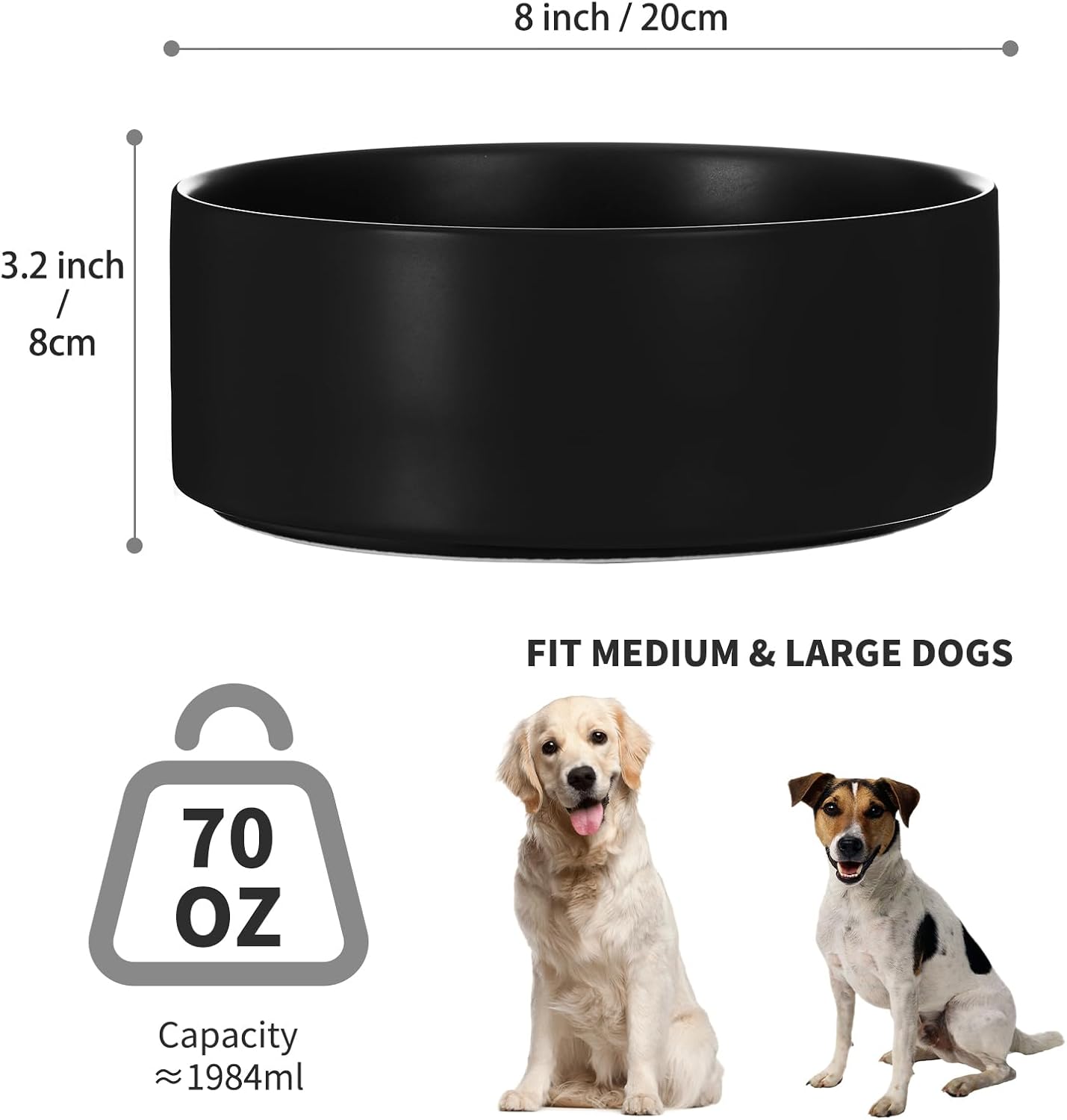 8'' Ceramic Dog Bowl - 70Oz, Heavy Duty, Non-Slip, Dishwasher Safe, Modern Style, Food Grade Stoneware Pet Bowl, Black