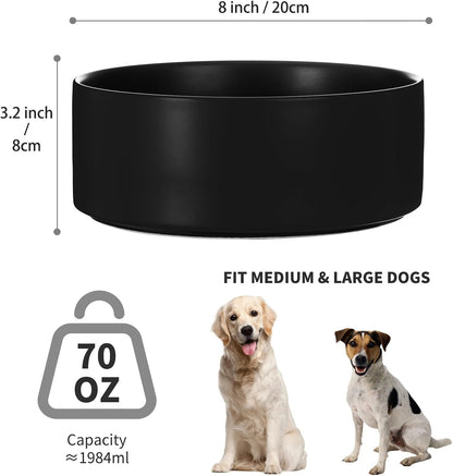 8'' Ceramic Dog Bowl - 70Oz, Heavy Duty, Non-Slip, Dishwasher Safe, Modern Style, Food Grade Stoneware Pet Bowl, Black