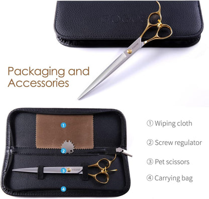 Professional Dog Grooming Scissors Straight 7.5" Pet Grooming Shears for Cutting Small Dogs Cat Thick Hair Japan 440C Stainless Steel Right Handed(7.5in Straight, Gold)