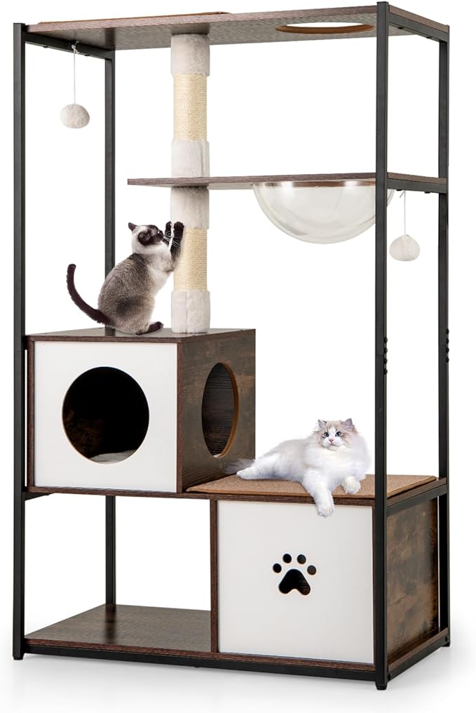 Tangkula Modern Cat Tree, 52 Inch Multi-Level Cat Tower with Metal Frame, 2 Wooden Condos, Sisal Scratching Posts, Detachable Cushion & Mats, Dangling Balls, Space Capsule Nest for Indoor Cats