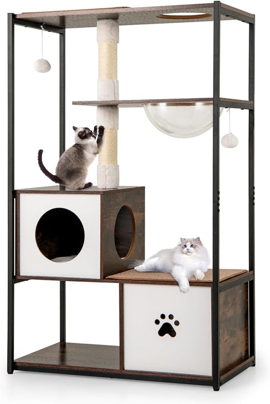 Tangkula Modern Cat Tree, 52 Inch Multi-Level Cat Tower with Metal Frame, 2 Wooden Condos, Sisal Scratching Posts, Detachable Cushion & Mats, Dangling Balls, Space Capsule Nest for Indoor Cats