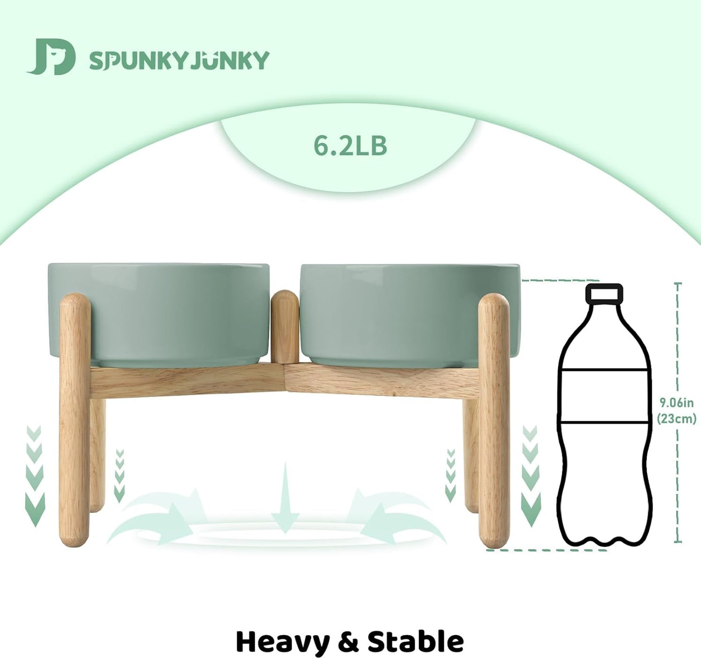 SPUNKYJUNKY Ceramics Elevated Dog Bowls with Wooden Stand Raised Bowl for Medium Large Dog Food and Water Pet Feeding Bowl(Double 60OZ Bowls,Light Green)
