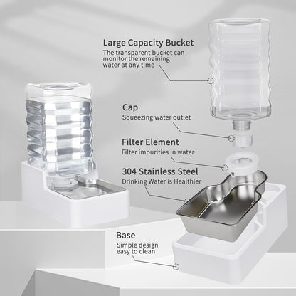 Dog Cat Water Dispenser: 8L White Upgraded Gravity Feeder with Stainless Steel Bowl - BPA-Free Large Capacity for Medium/Large Pets - Indoor & Outdoor Use