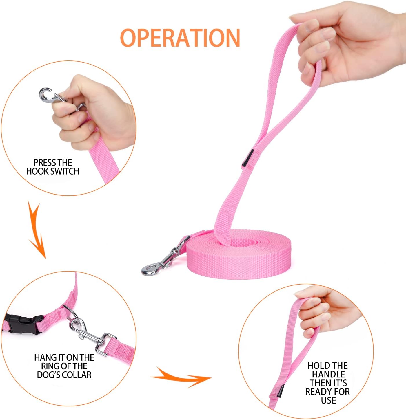 Strong Durable 15ft Nylon Dog Training Leash, 1 Inch Wide Traction Rope, for Small and Medium Dog (Pink, 15 Feet)