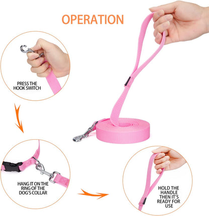 Strong Durable 15ft Nylon Dog Training Leash, 1 Inch Wide Traction Rope, for Small and Medium Dog (Pink, 15 Feet)