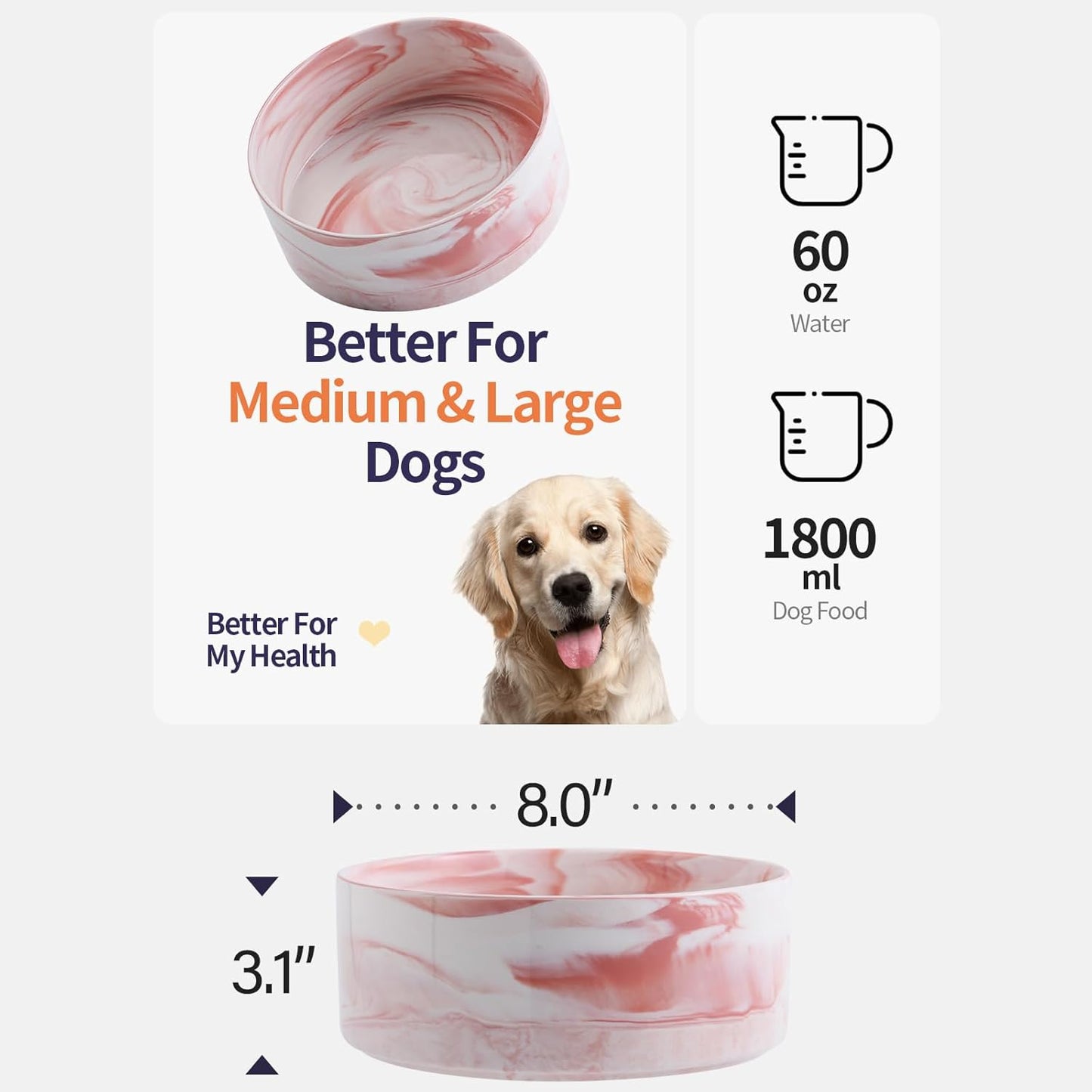 Elevated/Raised Dog Bowl Ceramic for Medium Large Sized Breed,Dog Food Water Bowl with Stand,8 in 7.6 Cups Non Slip Heavy Weighted Marble Pink