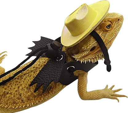 Adjustable Bearded Dragon Leash Harness with Hat Set,3 Size Pack Leather Wings Safty Walking Leash for Bearded Dragon Lizard Reptiles (Yellow Hat and Black Harness Set)