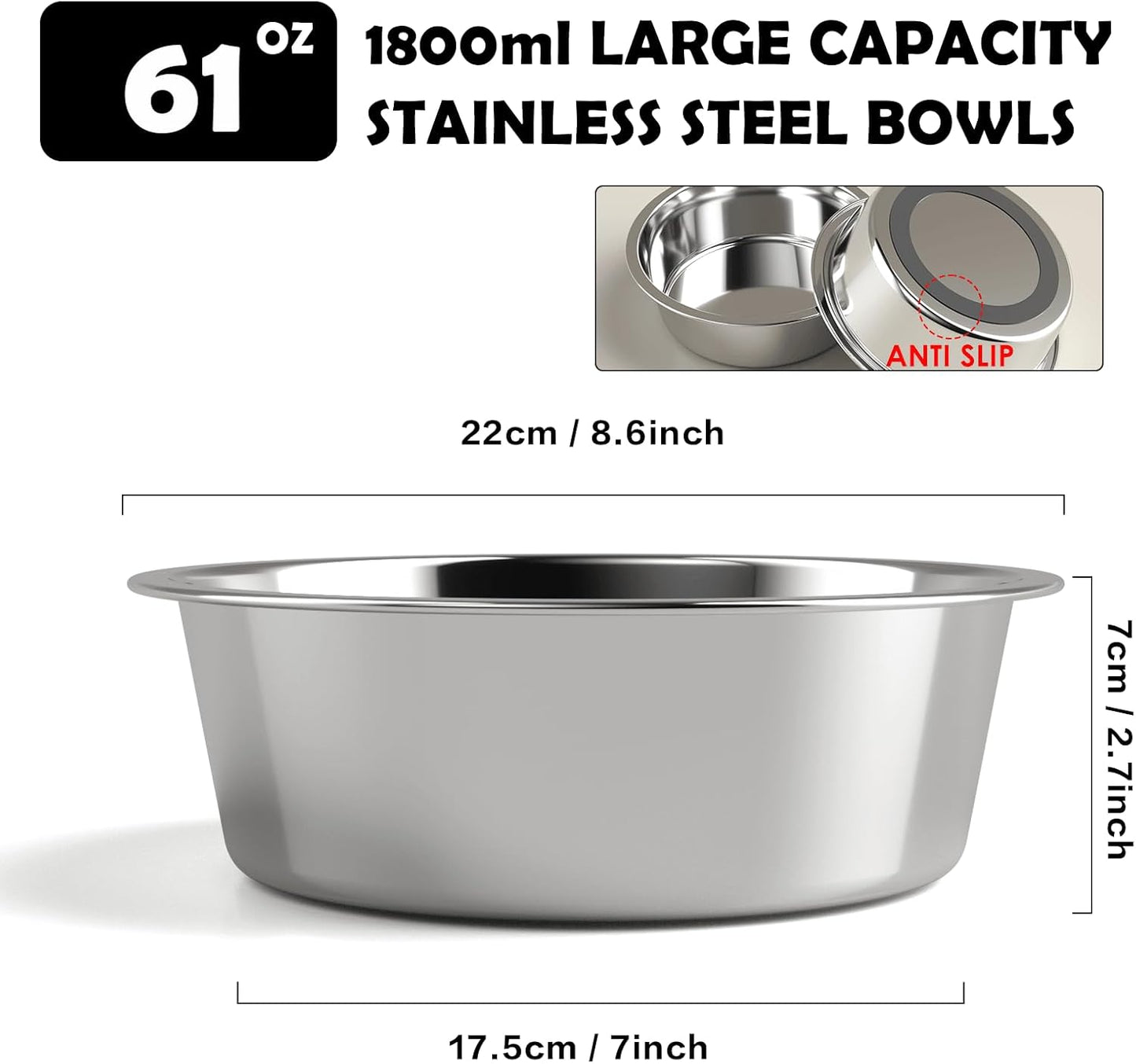 Dog Bowl with Stand for Large Dogs - Includes 61oz Bowls, Adjustable Height & Width Raised Dog Bowl Stand, Single Elevated Food Water Stand, 3 Height Adjust Holder