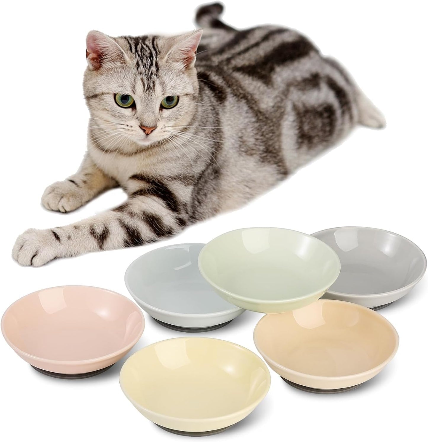 Ceramic Cat Food Bowl Set - 5.75 inch Colorful Cute Cat Dishes with Non Slip Pads - Wide Shallow Whisker Friendly - Microwave and Dishwasher Safe - 6 Pack - 8.5 oz