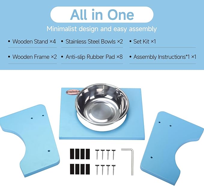 Elevated Cat Bowls,2 Stainless Steel Pet Food Water Feeder,15°Tilted Raised Pet Dish, Slanted Dog Bowl with Wood Stand for Kitty and Puppy,Wide 5.51" (Blue)