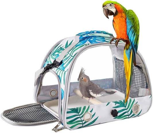 Small Bird Carrier Cage with Standing Perch & Tray Portable & Breathable Pet Travle Transport Carry Bag with Shoulder Strap for Vet Visit & Outdoor Walking (Printed)