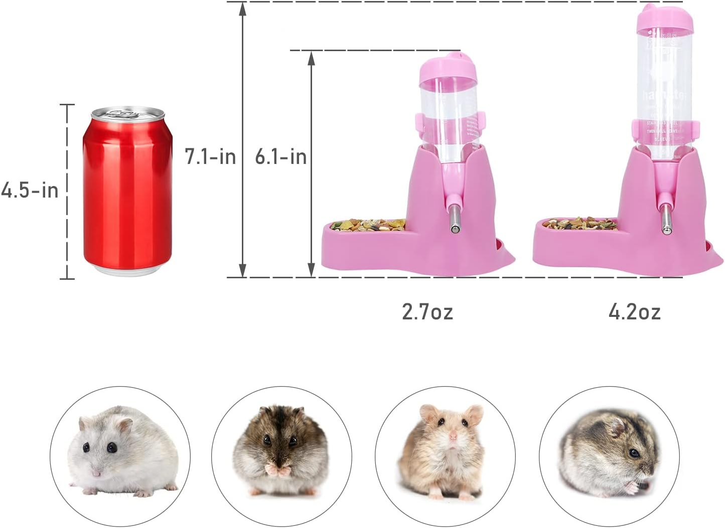 3 in 1 Hamster Hanging Water Bottle Pet Auto Dispenser with Base for Dwarf Hamster Mouse Rat Hedgehog (80ML, Pink)