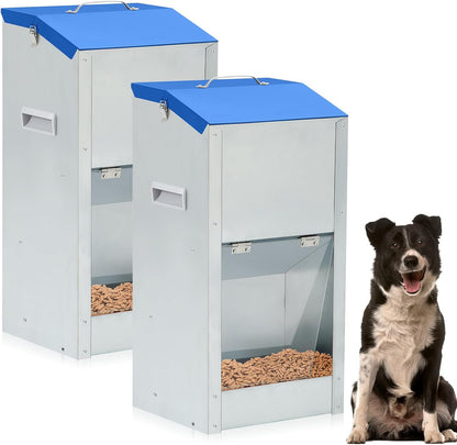 2 Pcs 25 Lbs Large Automatic Dog Feeders with Handle Acrylic Panel Galvanized Gravity Feeder Outdoor Hanging for Doggie Breed Dog Food Dispenser Container(Blue)